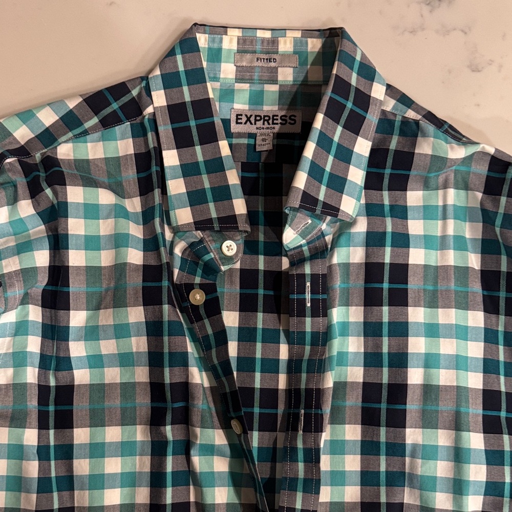 Express Men's Teal Black Green Checkered Shirt XL Fitted